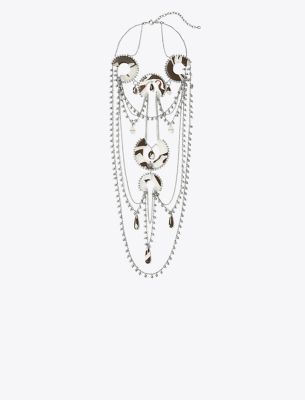 Tory Burch Bead And Resin Necklace In Antique Tory Silver/multi