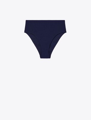 Tory Burch Smocked High-leg High-waisted Bikini Bottom In Medium Navy