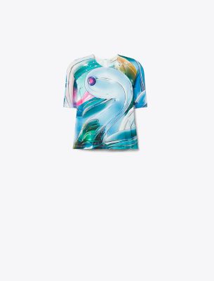 Tory Burch Printed Cotton Shirt In Blue Glass Swan Allover