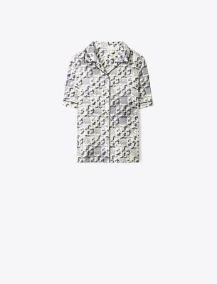 Tory Burch Short Sleeve Shirt In New Ivory Distressed Pixelated Logo