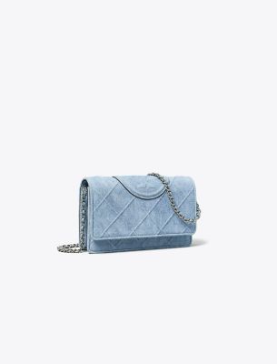 TORY BURCH FLEMING DENIM-PRINT SUEDE CROSSBODY 