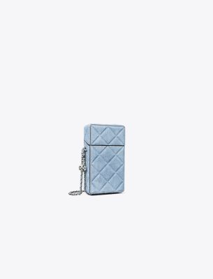 TORY BURCH FLEMING DENIM-PRINT SUEDE PHONE CROSSBODY 