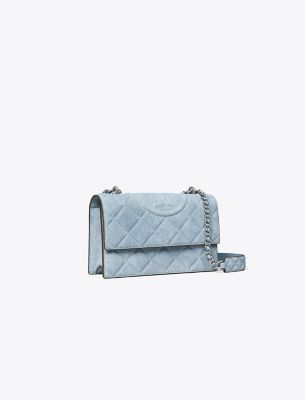TORY BURCH SMALL FLEMING DENIM-PRINT SUEDE SHOULDER BAG 