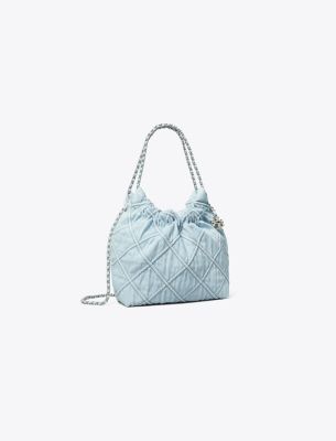 Tory Burch Mini Fleming Soft Denim Hobo Bag In Seltzer