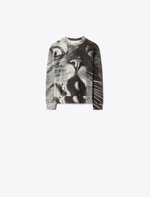 Shop Tory Burch Cat Printed Crewneck In Gray Cat Portrait