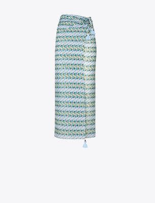 Tory Burch Printed Silk Pareo In Blue Glass Swan Allover