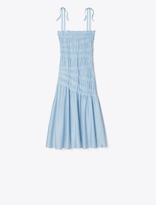 Tory Burch Shoulder Tie Smocked Viscose Dress In Light Blue Sky