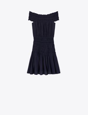Tory Burch Smocked Viscose Dress In Medium Navy