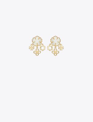 Tory Burch Mother Of Pearl Clover Cluster Drop Earrings In Gold Tone