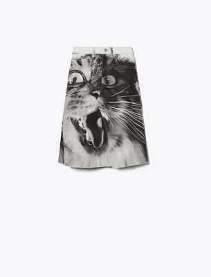 Shop Tory Burch Cat Printed Denim Skirt In Gray Cat Portrait