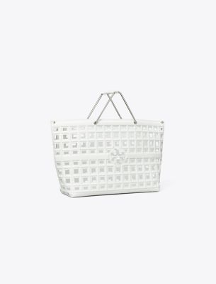 Tory Burch Ella Croc-embossed Market Tote In Blanc