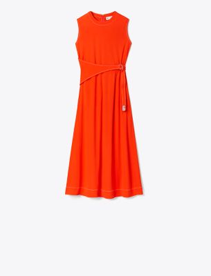 Tory Burch Red Belted Jersey Midi Dress In Deep Poppy