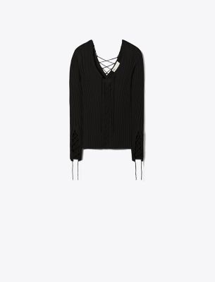 Tory Burch Lace-up Wool Sweater In Black