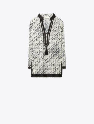 Tory Burch T Monogram Mini Tunic Dress In New Ivory Distressed Pixelated Logo