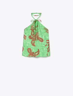 Tory Burch Satin Paisley Knot Top In Green/red
