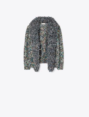 Tory Burch Sequin Fringe Cardigan In Aqua/gray Multi