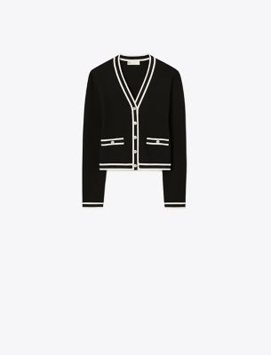 Tory Burch Shrunken Kendra Cardigan In Black/new Ivory