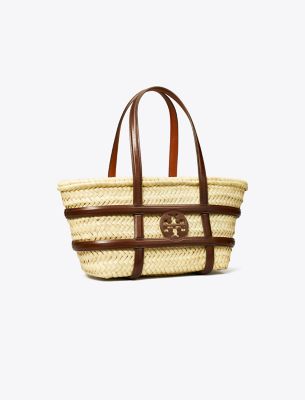 Tory Burch Small Ella Shopping Bag In Straw Classic Leather Color In Brown