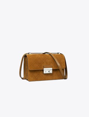 Tory Burch T Monogram Suede Shoulder Bag In Brown
