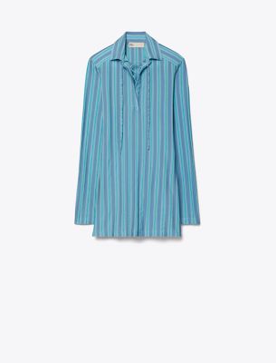 Tory Burch Lace-up Jersey Tunic In Blue Multi Stripe