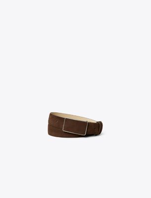 Shop Tory Burch Suede Plate Belt In Dark Cocoa/silver