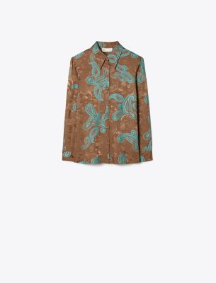 Tory Burch Satin Paisley Shirt In Aqua Stone/smoked Peppercorn