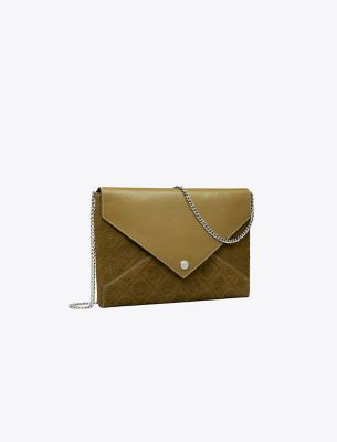 Tory Burch T Monogram Suede Envelope Chain Pouch In Green