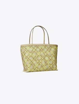 Tory Burch T Monogram Mesh Dot Tote In Khaki/honeydew