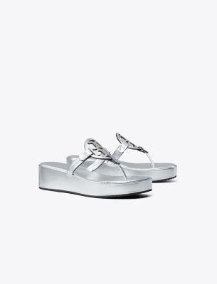 Tory Burch Miller Metallic Logo Wedge Thong Sandals In Silver