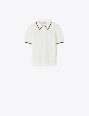 Tory Burch T Monogram Cotton Pointelle Zip Polo