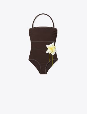 Tory Burch Flower Bandeau Swimsuit In Burgundy