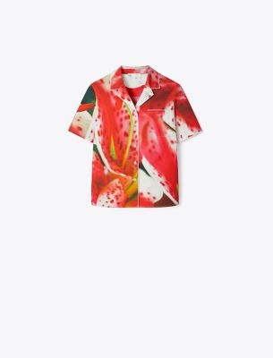 Tory Burch Printed Cotton-blend Twill Shirt In Red