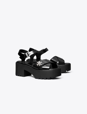 Tory Burch Turnlock Lug Heeled Sandal In Black