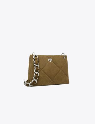 Tory Burch Small Kira Diamond Quilt Suede Shoulder Bag In Green