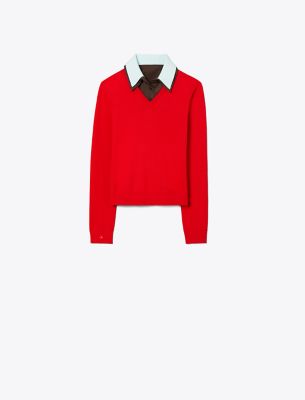 Tory Burch Layered Merino Wool Sweater In Red