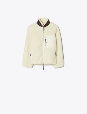 Tory Burch Colorblock Fleece Jacket In White