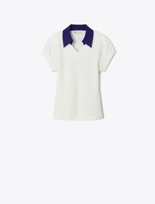 Tory Burch Short-sleeve Polo Top In White/ballpoint Blue