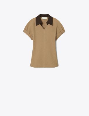 Tory Burch Cotton And Silk Polo In Boba Brown/soba