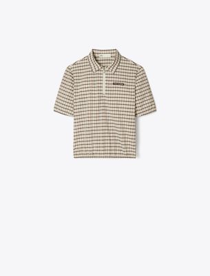 Tory Burch Plaid Half-zip Polo In Multi