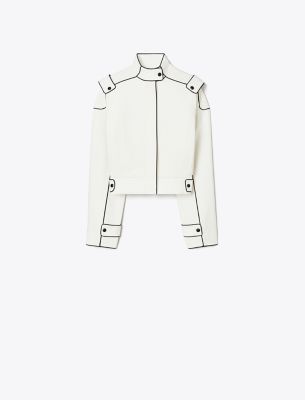 Tory Burch Contrast-stitch Cropped Jacket In Marshmallow