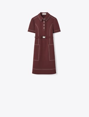 Tory Burch Short-sleeve Pick Stitch Golf Dress In Burgundy