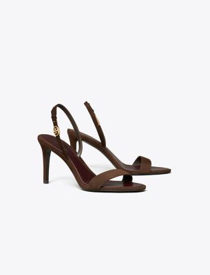 Tory Burch Double T Buckle Heeled Sandal In Brown