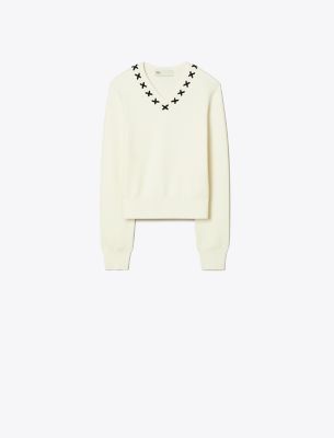 Tory Burch Embroidered Wool Sweater In Neutral