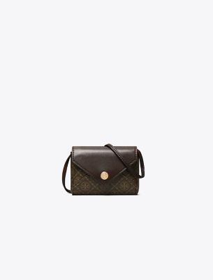 Tory Burch T Monogram Coated Canvas Card Case Lanyard In Brown