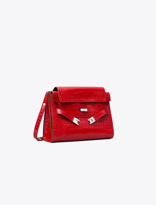 Tory Burch Lee Radziwill Croc Embossed Shoulder Bag In Red