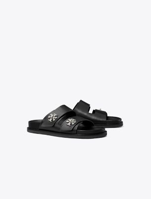 Tory Burch Double Strap Leather Flat Sandals In Black