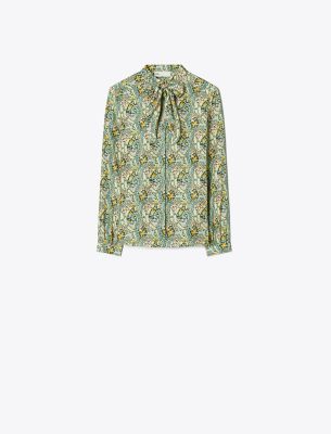Tory Burch Silk Bow Blouse In Green