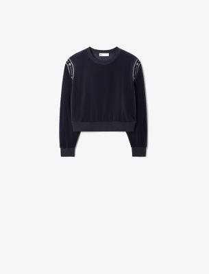 Tory Burch T Logo Velour Crewneck In Blue