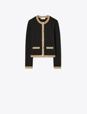 Tory Burch Cropped Merino Wool Cardigan In Black