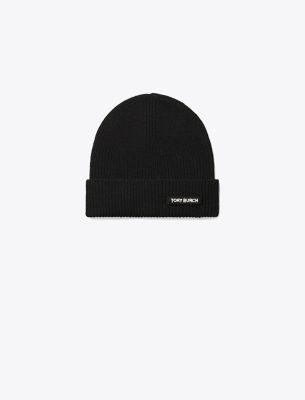 Tory Burch Ribbed Logo-detail Beanie Hat In Black